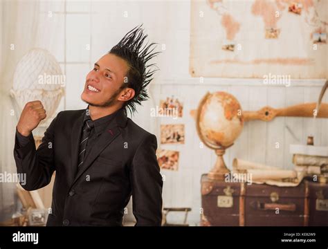 Close Up Of Happy Office Punk Worker Wearing A Suit With A Crest Hair