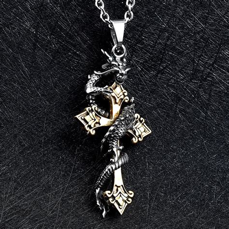 Dragon Cross Necklace Stainless Steel Dragon Vibe