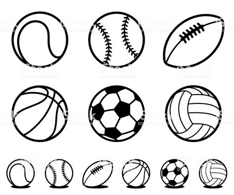 Set Of Black And White Cartoon Sports Ball Icons Stock
