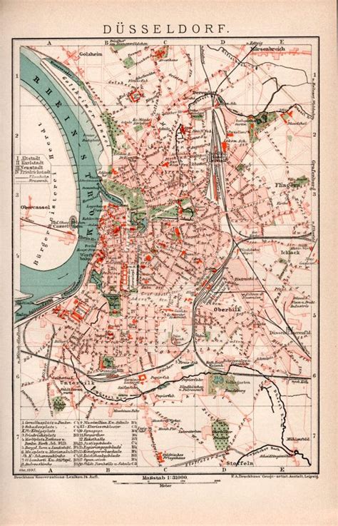 1898 Düsseldorf Germany Antique Map North Rhine Westphalia Rhine