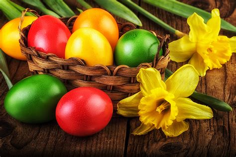 Desktop Wallpapers Easter Egg Flowers Daffodils Wicker Basket