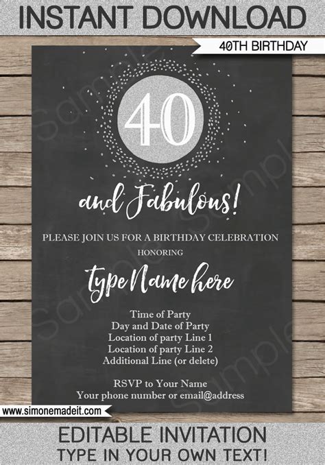 Free Printable 40th Birthday Party Invitation Templates Chalkboard 40th