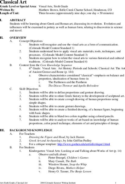 Classical Art Unit Plan for 6th Grade | Lesson Planet