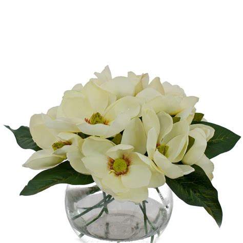 Silk White Magnolia Round Glass Vase Artificial Faux