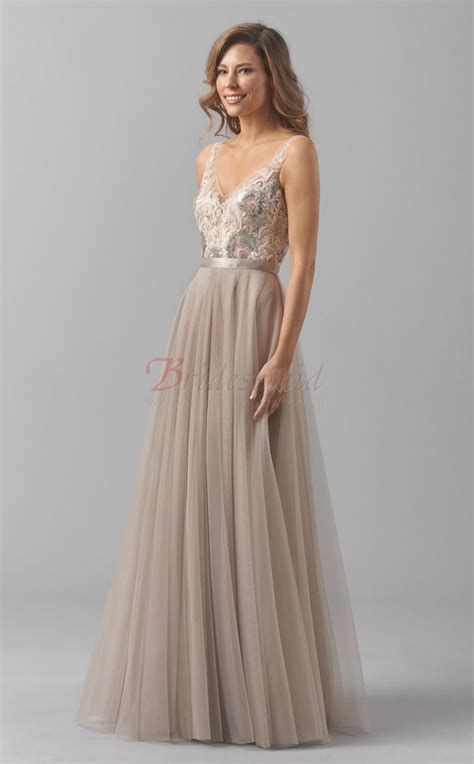 Gray A Line Lace And Tulle V Neck Long Bridesmaid Dressesbd1449