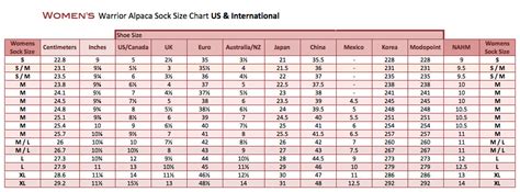 Warrior Alpaca Sock Size Chart Us And International