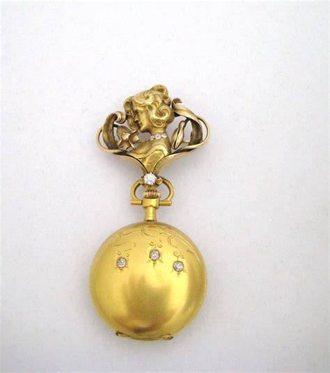Art Nouveau 2 Piece Watch And Pin With Diamonds 14k Yellow Gold Art Nouveau Jewelry