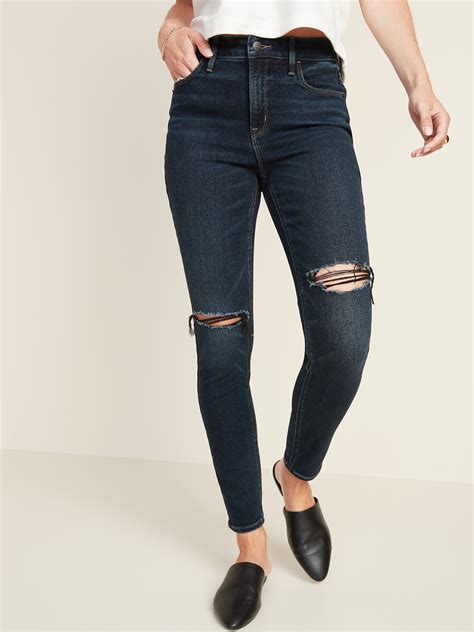 High Waisted Ripped Dark Wash Rockstar Super Skinny Jeans For Women