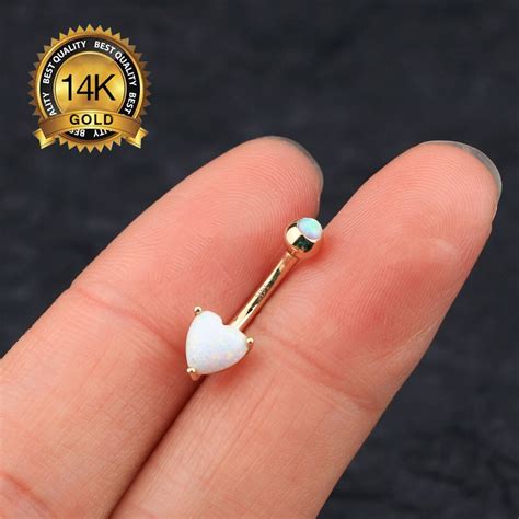14k Solid Gold Heart Opal Belly Button Ringwhite Gold Belly Ring14g