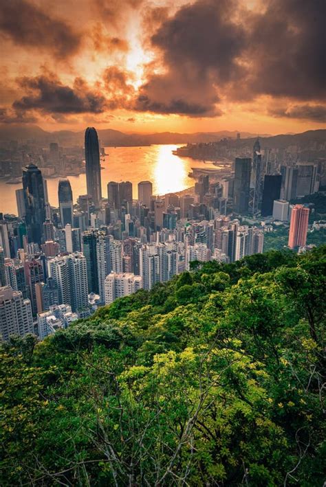 Hong Kong City Skyline At Sunrise View From Peak Mountain Editorial