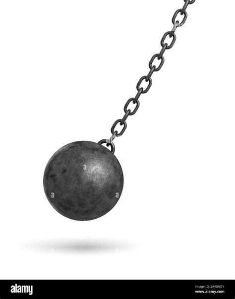 3d Rendering Of A Dark Black Wrecking Ball Hanging From A Chain And Swinging In One Side Stock