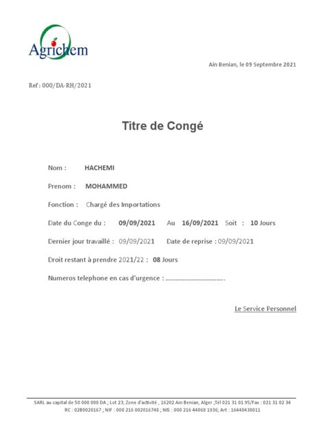 Titre De Congé Modele Pdf