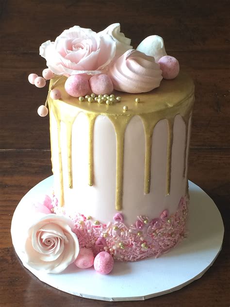 Pink And Gold Drip Cake With Sugar Roses Drip Cakes Golden Birthday