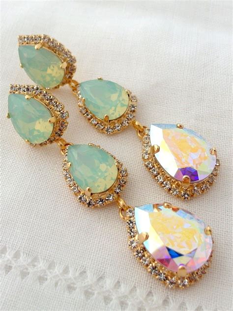 Long Chandelier Earringsmint Opal Earringsaurora Borealis Etsy Mint
