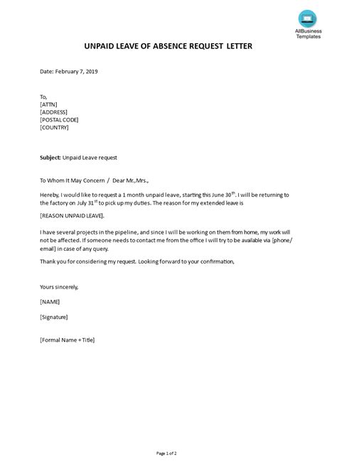 Personal Leave Of Absence Letter Template Collection Letter Template