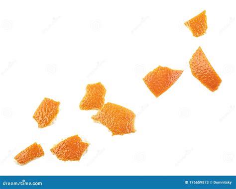 Different Parts Of Orange Peel Isolated On White Background Top View