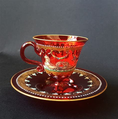 Moser Ruby Glass Cup And Saucer ‘venetian’ Scenes C 1925 20969 Moorabool Antique Galleries