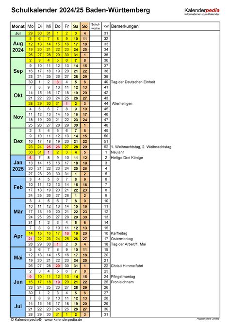 Schulkalender 20242025 Baden Württemberg Für Word