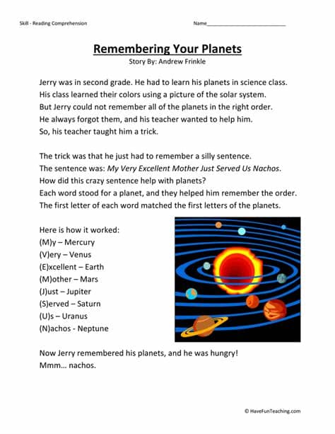 Remembering Your Planets Reading Comprehension Worksheet ...