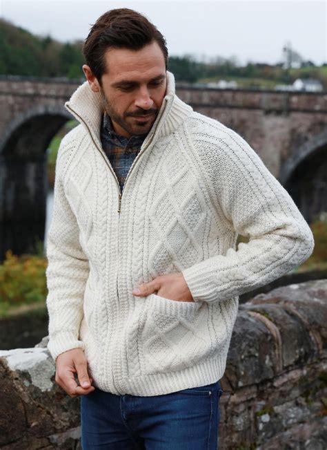 Mens Full Zip Aran Sweater Handknit With 100 Merino Wool This
