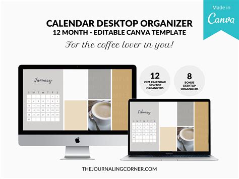 Neutral Desktop Organizer Canva Template 12 Calendar Desktop Etsy