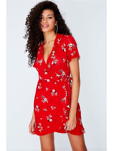 Red Ditsy Jersey Wrap Tea Dress Womens Dresses Select