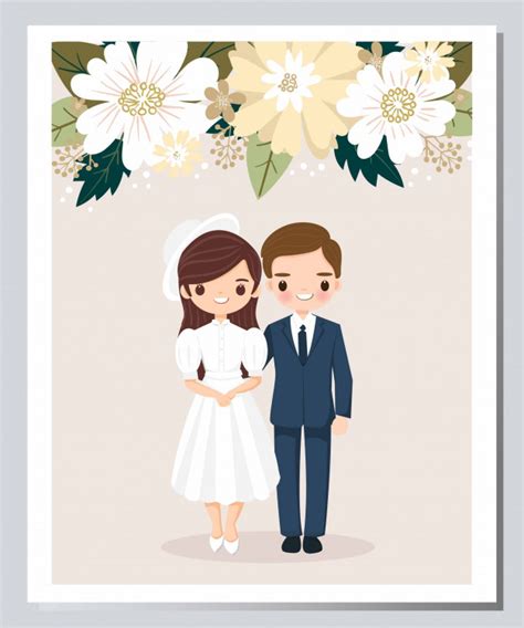 So play with these bride and groom cartoon invitation possibilities and customize your invites to make them more.you! Cute bride and groom cartoon on flower wedding invitation ...
