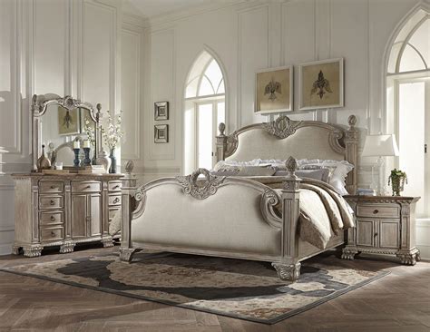 Elena 5pcs Traditional Antique White Bedroom Set W Queen Size Poster Fabric Bed Bedroom Sets