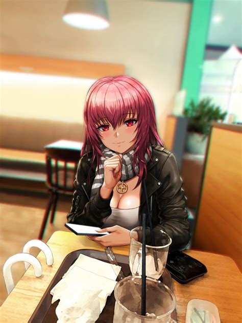 safebooru 1girl bangs black jacket blush breasts casual cellphone cleavage closed mouth