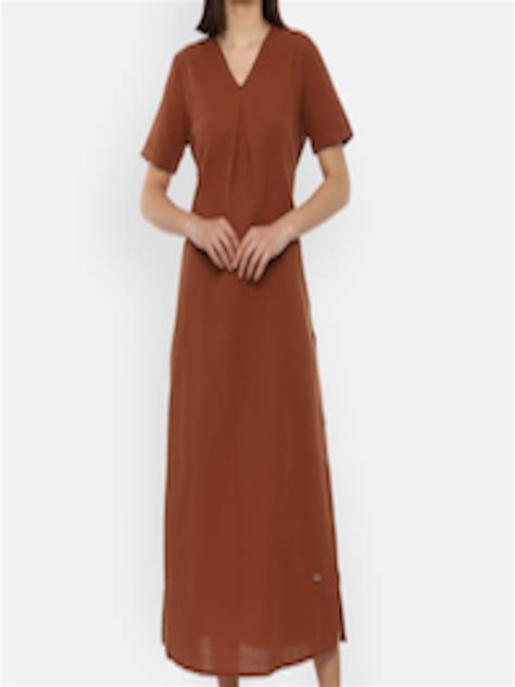 Buy Van Heusen Woman Brown Solid V Neck Linen Midi Dress Dresses For