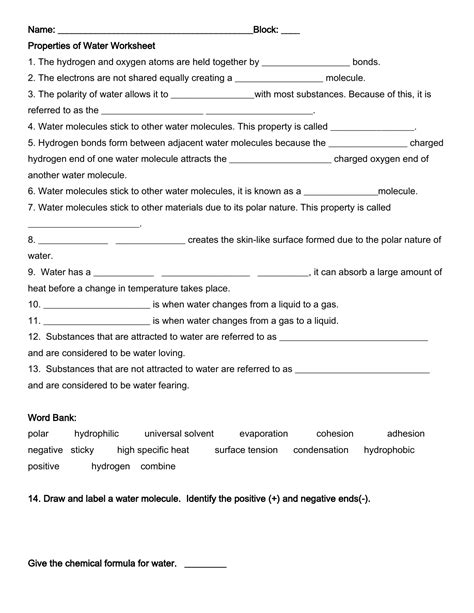 The Properties Of Water Worksheet Answers