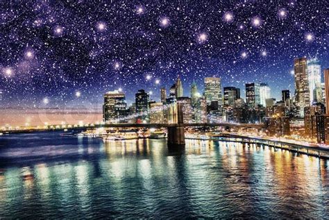 Amazing Night In New York City Stars Above Skyscrapers Stock Photo
