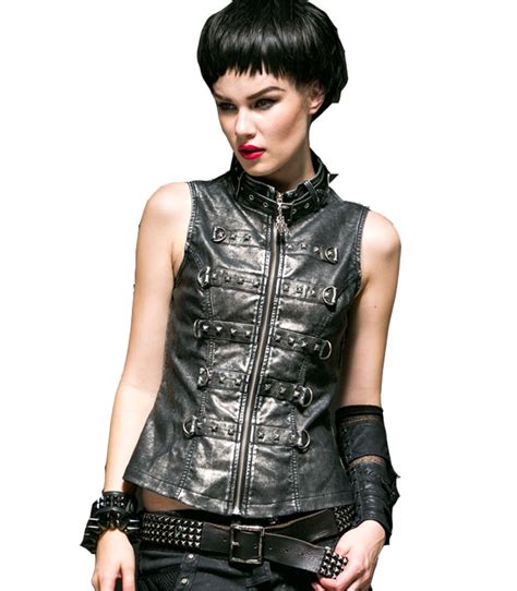 Punk New Products Punk Turtleneck Patchwork Leather Women Vest In Vests