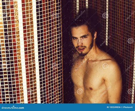Handsome Muscular Man Washes In Shower Stock Photo Image Of Mosaic