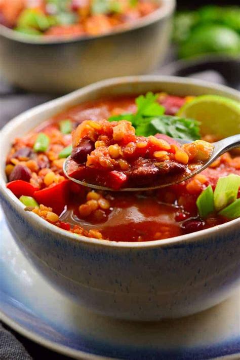 This tasty vegan lentil chili is sure to impress! Red Lentil Chili | The Stingy Vegan