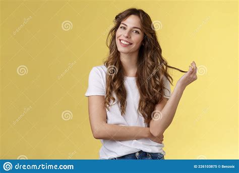 Silly Cute Feminine Sensual Curly Haired Woman Tilt Head Playing Hair Strand Rolling Curl