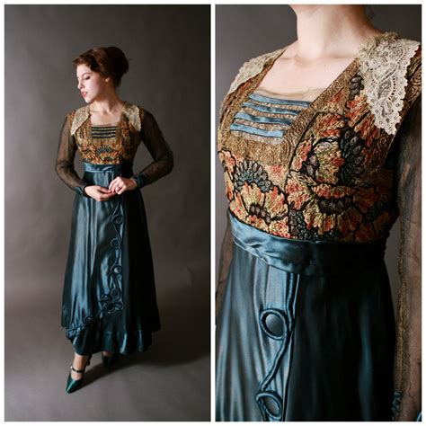 Vintage Edwardian Dress Bold Teal Silk Dress With Colorful Etsy
