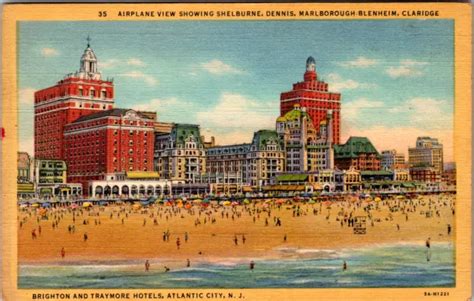 Vintage 1940s Busy Hotel Beach Scene Atlantic City New Jersey Nj