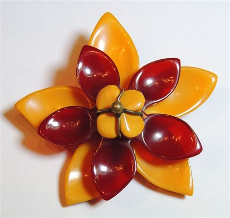 Bakelite Flower Brooch Pin Butterscotch And Cherry Amber Tiered From
