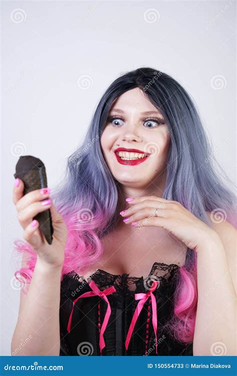 Goth Girl Eating Black Ice Cream In Waffle Cone Hot Plus Size Woman Wearing Satin Corset With
