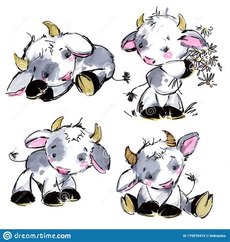 Cute Bull Watercolorset Funny Cartoon Ox Illustration Stock