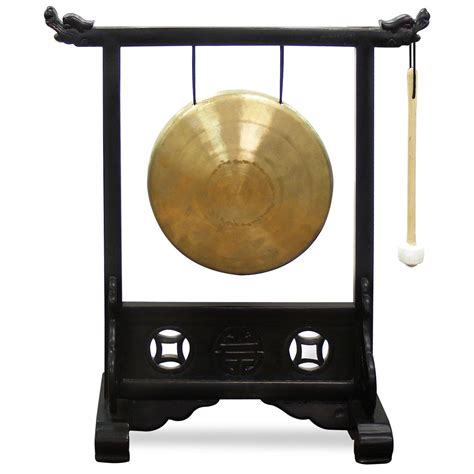 Chinese Brass Gong With Elmwood Double Dragon Stand