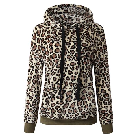 Front Pockets Long Sleeve Women Leopard Print Fleece Hoodie Pullover