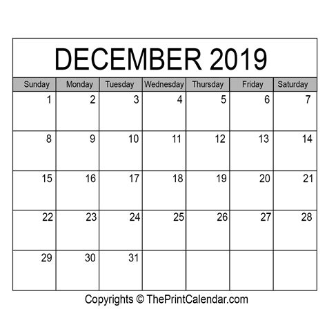 December 2019 Printable Calendar Template Pdf Word And Excel
