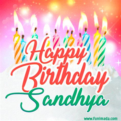 happy birthday for sandhya with birthday cake and lit candles — download on