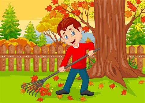 Cartoon Male Cleaner Sweeping Autumn Leaves With Rake 7271045 Vector