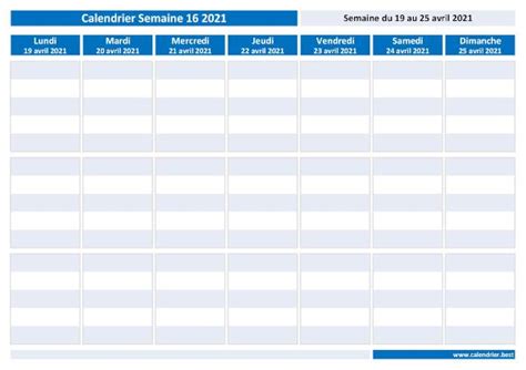 Planning de semaine et agenda à imprimer gratuitement. Semaine 16 2021 : dates, calendrier et planning ...