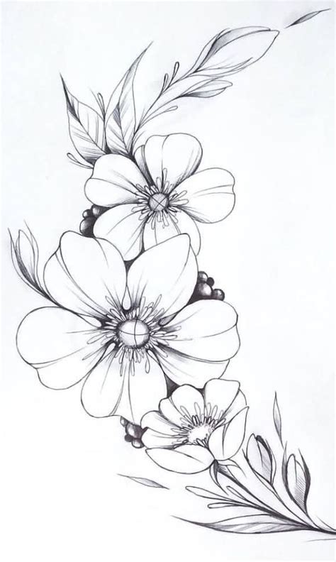 A Drawing Of Flowers With Leaves On The Side And One Flower In The