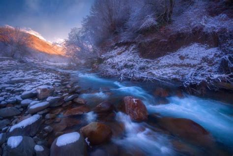Beautiful Rapid River Flowing In The Evening Light Misty Winter