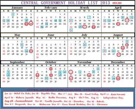 Central Government Employees Holiday Calendar 2013 Download Sa Post